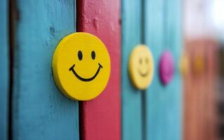 Positive thinking and mental health portrayed through smiling faces. World Mental Health Day. Good feedback rating and positive customer review. Yellow happy face over colorful background. photo