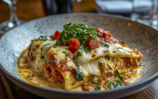 Delicious italian lasagna served with wine and views. Horizontal perspective. photo