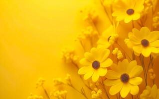 Header of yellow flowers over yellow background. Postcard and print. Yellow day concept with empty space for text or product. Yellow flowers. photo