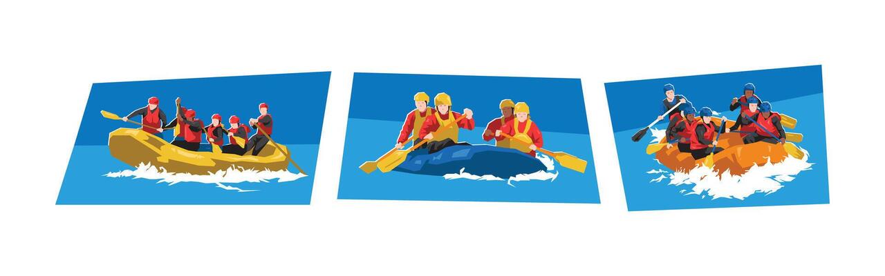 A group of people enjoying rafting sport. Hobby, leisure, whitewater river, sport concept. Different actions, poses. Flat cartoon illustration.