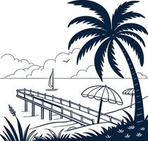 Beach scene with palm trees and a pier vector
