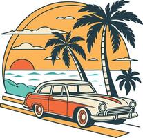Retro car on the beach with palm trees T-shirt Design vector