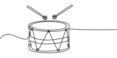 One single line drawing of little drum with drum sticks vector
