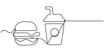 Fast Food Icon.drink And Hamburger, Burger in continuous on line drawing vector
