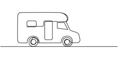 Motorhome in continuous line art drawing style. Campervan recreational vehicle black linear sketch isolated on white background. illustration vector