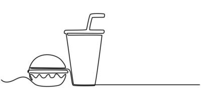 continuous line art drawing of a hamburger, drink,Fast food icon vector