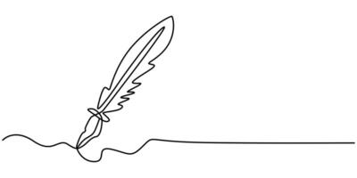 Inkwell and pen continuous line drawing. One line feather with ink illustration vector