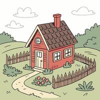 a cartoon house with a fence and a path vector