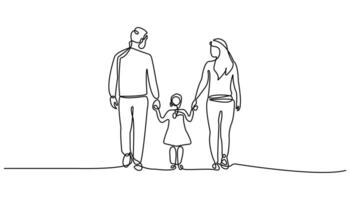 parents with their little kid holding hands and walking together, continuously drawing a single line, a single line family relationship, isolated on a white background vector