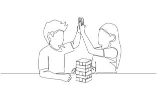 Continuous one line drawing of boy and girl high five each other after completing puzzle blocks, teamwork and play concept, single line art vector