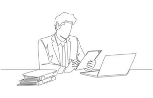 Continuous one line drawing of businessman signing documents online on tablet, leveraging digital technology to facilitate business concept, single line art vector