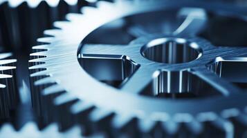 Shiny machine gears in focus. Metallic gears and cogs photo