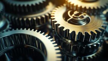 Mechanical Gears Close-Up. A complex network of rotating components. photo