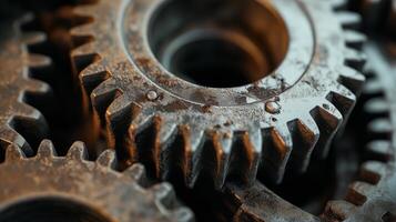 Close-Up Of Machine Gears. Metallic components working in perfect sync. photo