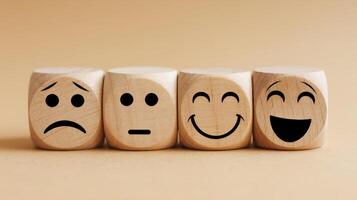 Wooden blocks displaying a range of emotions from sadness to joy illustrating the spectrum of human photo