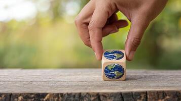 Hand placing a wooden cube with Earth images symbolizing environmental care in a soft lit outdoor photo