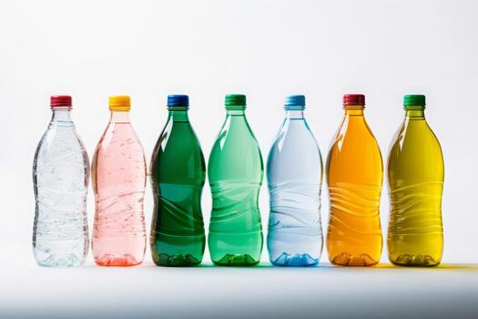 Plastic bottles with cork in a row. Different colors. Isolated on white background. photo