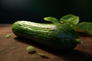 Green cucumbers on a wooden table. Green leaf's. photo