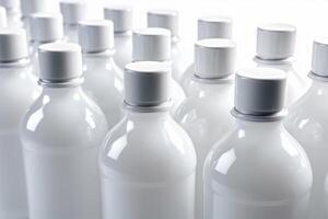 White bottle for a drink with white corks. High resolution photo. Top view close up. photo