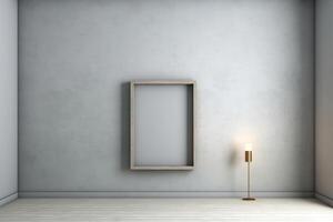 Vertical frame on gray wall, front view. High quality photo. Lamp on floor. Gray colors. photo