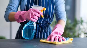 Cleaning lady using spray bottle and microfiber cloth for spotless surface bright kitchen setting photo