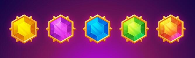 Gemstone buttons with fancy gold frames for games. vector