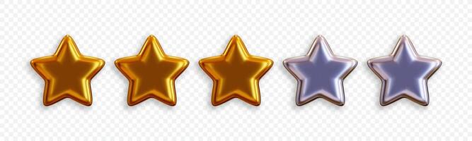 Glossy gold and silver 3D five star rating icon, representing customer feedback and satisfaction. Ideal for mobile apps, websites, or service reviews. vector