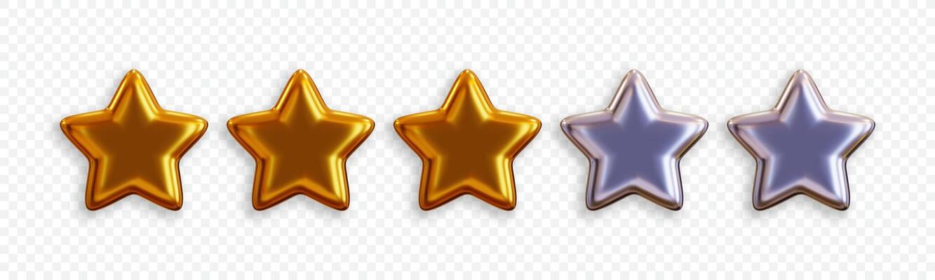 Glossy gold and silver 3D five star rating icon, representing customer feedback and satisfaction. Ideal for mobile apps, websites, or service reviews.