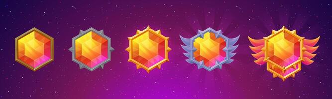 Gemstone buttons with fancy gold frames for games. Cute, colorful crystal banners vector