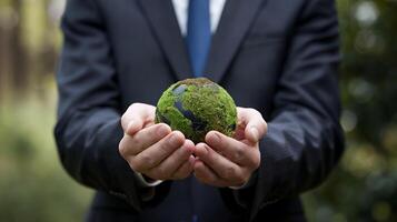 A businessman s gentle hands cradle a moss covered globe symbolizing environmental stewardship and a photo