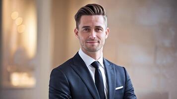 Confident businessman portrait warm neutral background sharp focus professional attire subtle smile photo
