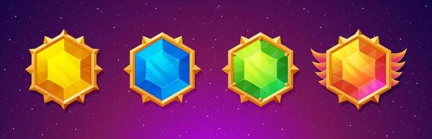 Gemstone buttons with fancy gold frames for games. Cute, colorful crystal banners with gold medieval borders for your user interface vector