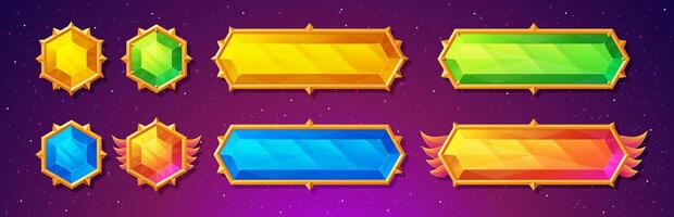Gemstone buttons with fancy gold frames for games. Cute, colorful crystal banners with gold medieval borders vector