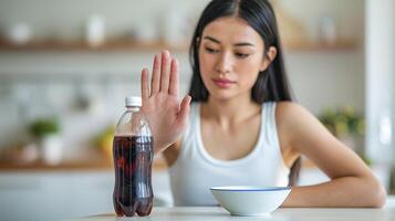 Woman rejects sugary soda choosing healthy eating with soft light and blurred kitchen background photo