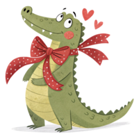 Dapper Crocodile with Red Bow Necktie on Transparent png