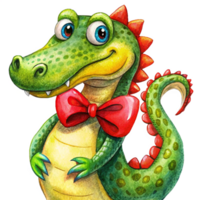 Smart Crocodile Cartoon in Red Bow Necktie png