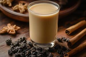 A glass of milk with cinnamon and other spices photo