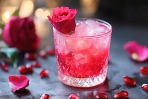 A glass of pink drink with a rose on top photo