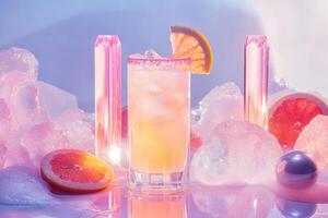 A pink drink with a slice of orange on top of ice photo