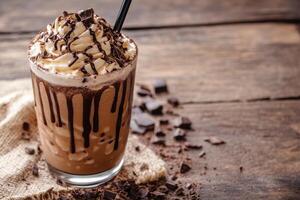 A chocolate milkshake with whipped cream and chocolate drizzle photo