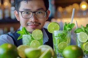 A man with glasses and a drink in front of a glass of lime juice photo