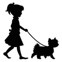 Silhouette Of Little Girl Walking Her Yorkshire Terrier Dog On Leash vector