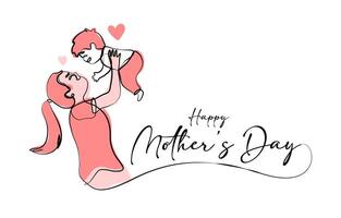 Mum hugs baby continuous one line contour on white background for happy mother's day event vector