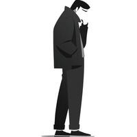 Illustrated Man In Coat With Hand On Chin Contemplative Mood In Grayscale vector