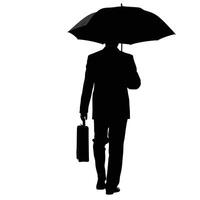 Silhouette Of A Businessman Walking With Umbrella And Briefcase In A Minimalist Style vector