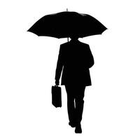 Silhouette Of Businessman Walking With Umbrella And Briefcase On White Background vector