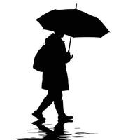 Silhouette Of Person Walking With Umbrella In Rain Puddle On White Background vector