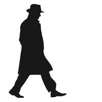 Silhouette Of A Man Walking With Hat And Overcoat On White Background vector