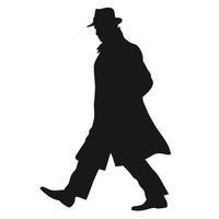 Silhouette Of A Man Walking In A Hat And Coat On White Background vector