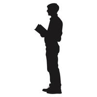 Silhouette Of Young Man Reading Book Standing In Profile On White Background vector